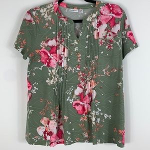 Croft&Barrow olive green top/pink flowers SP